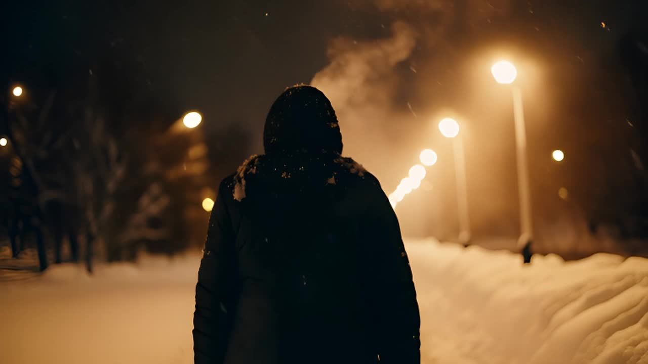 一个穿着深色连帽外套的人走在雪夜中，他呼出的气息在