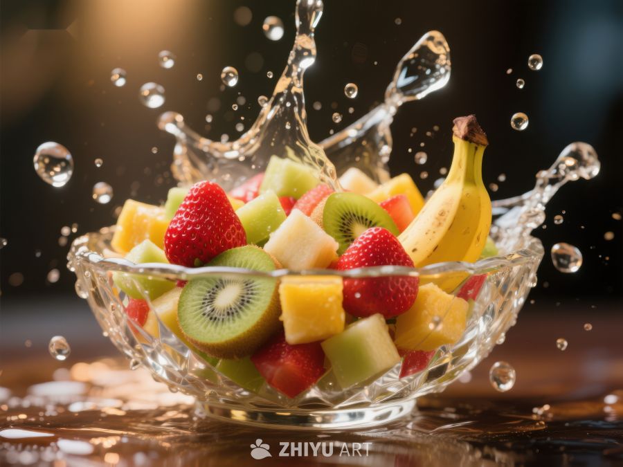水果沙拉与水花飞溅的瞬间