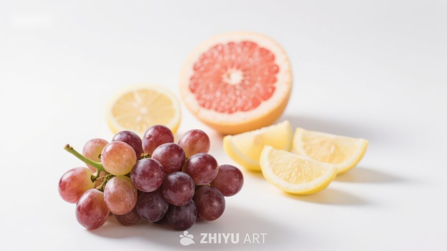 新鲜水果组合：葡萄、柠檬与柚子