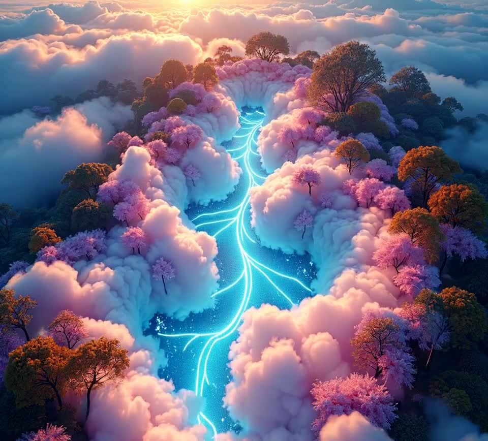 云端之上，梦幻蓝河穿林而过