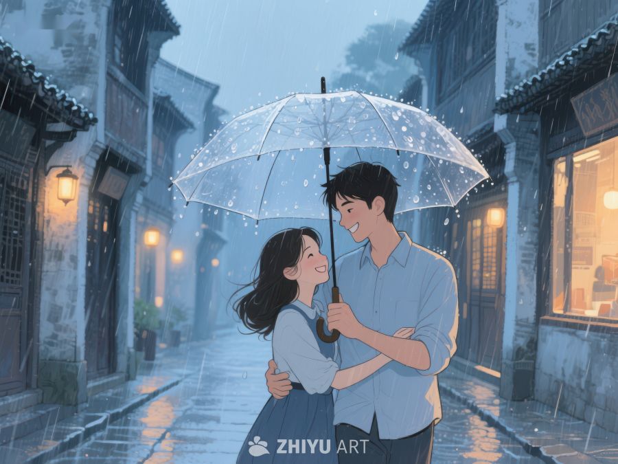 雨中伞下情侣温馨相拥 1187