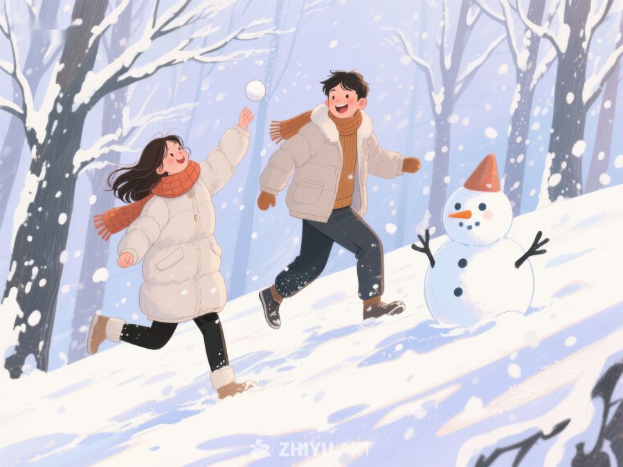 冬日雪地嬉戏，情侣与雪人 90