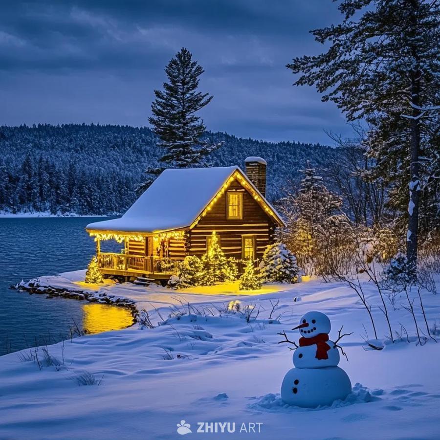 湖边有一栋装饰着圣诞彩灯的小木屋，房屋的屋顶被白雪