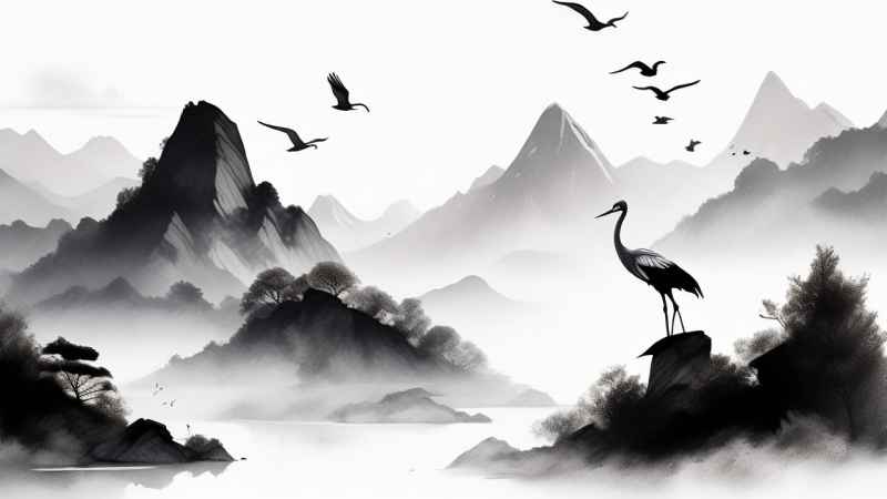 国风山水鹤插画背景 33