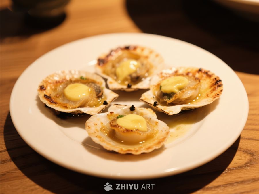 烤扇贝配黄油酱，美味海鲜佳肴