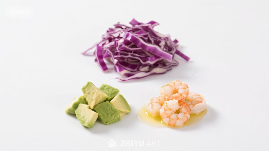 虾仁、牛油果与紫甘蓝切片