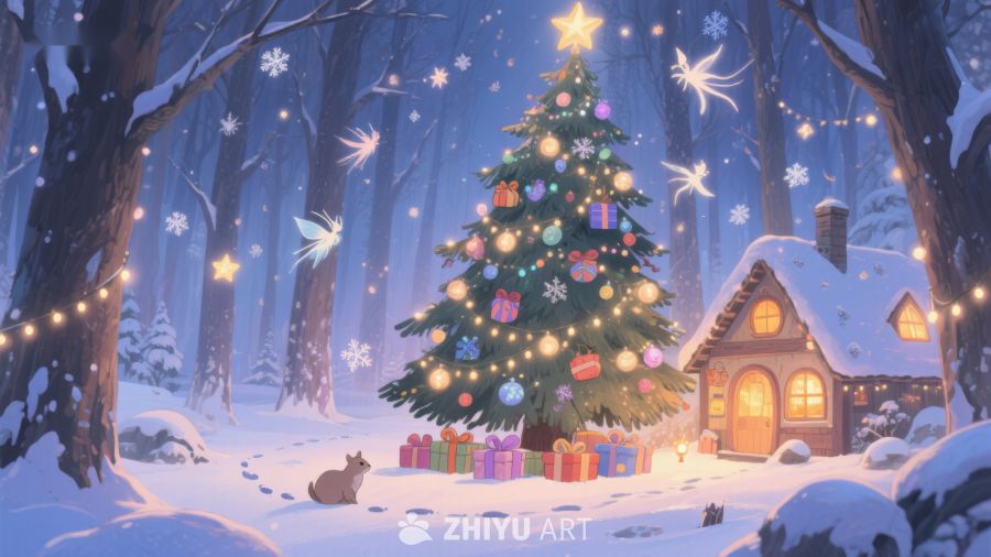 雪夜森林中的圣诞树与小屋 382