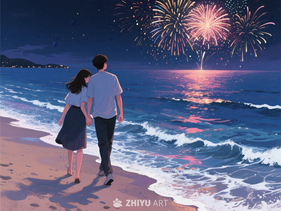 海边夜景下的情侣漫步 276