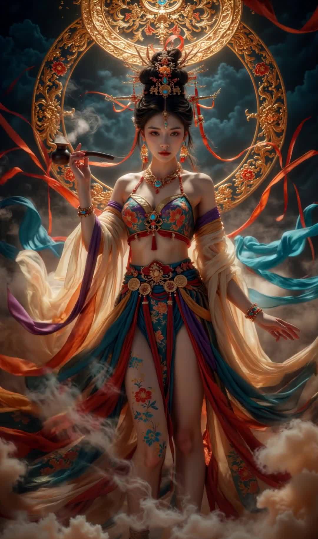 华丽服饰女子金色光环持烟斗