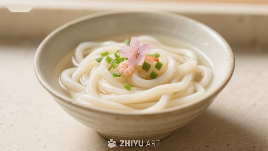 樱花点缀的乌冬面