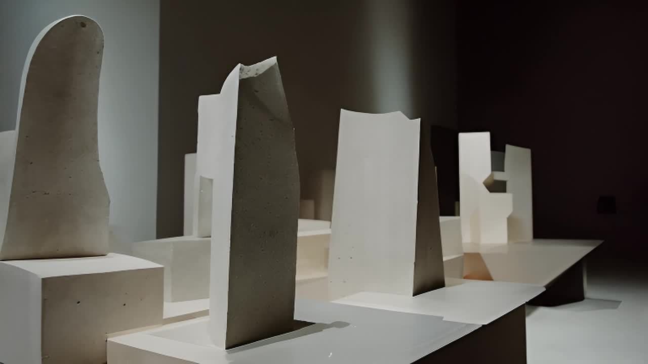 在当代艺术画廊中，展示着一些建筑模型，它们放置在高