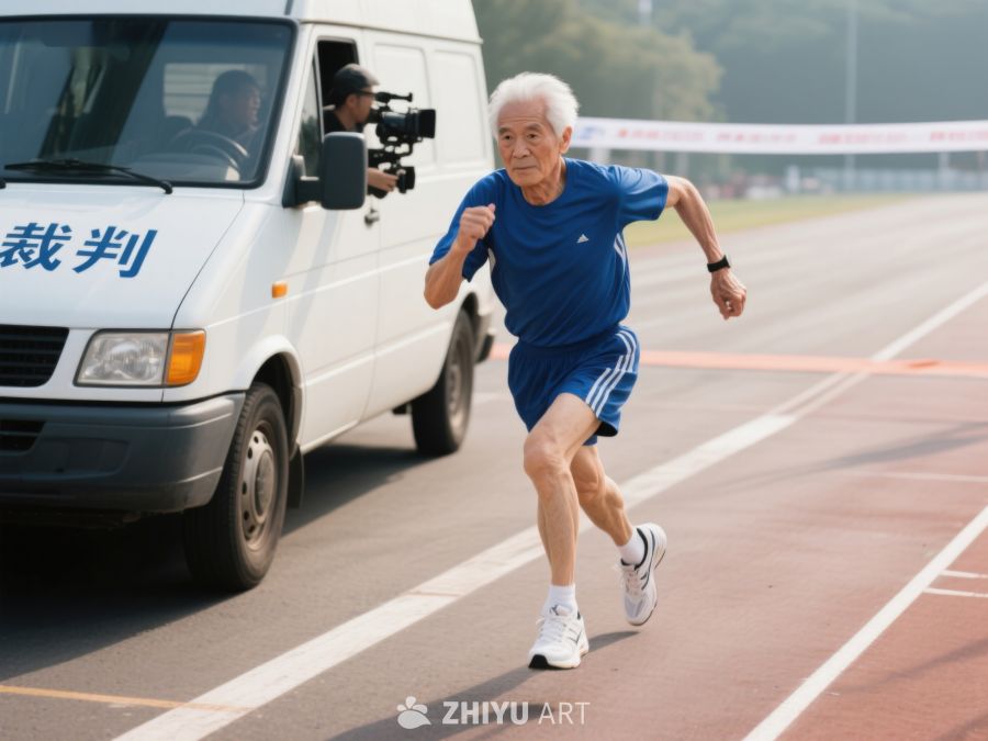 老人在赛道上奔跑，摄像车跟随拍摄 524