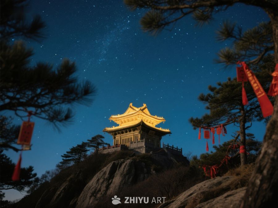 夜空下的古塔与松树 321