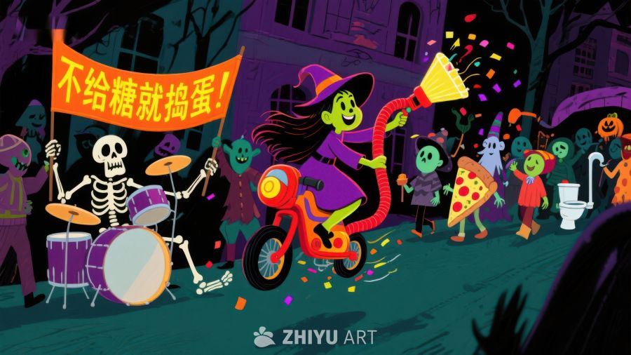 万圣节狂欢夜，巫师骑车引领游行
