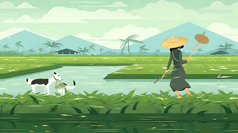 妇女站在稻田与狗，绿色插画风格 10