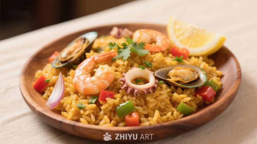 海鲜炒饭，色彩丰富美味佳肴