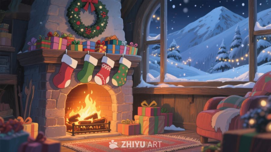 温馨圣诞夜，壁炉旁的礼物与雪景 212