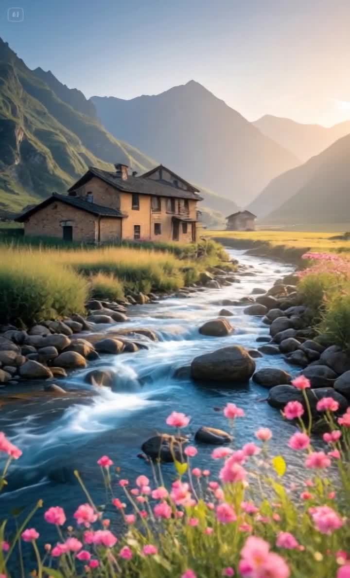 山谷溪流房屋粉色花朵景观