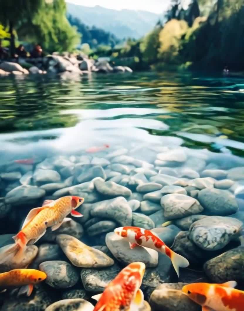 清澈水中锦鲤畅游，鹅卵石与远山景色相映。
