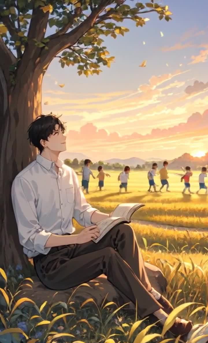 男子树下读书，孩童嬉戏，夕阳余晖，惬意温馨