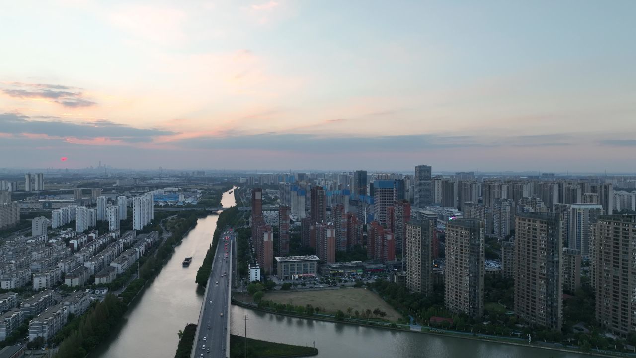 4K航拍昆山城市日落风光大景 4