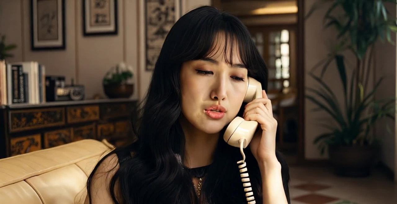 一名闭着眼睛的女子正拿着一部米色电话。女子有着黑色