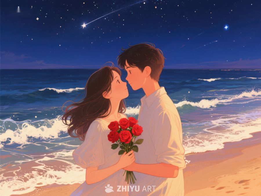 海边夜空下的浪漫情侣 279