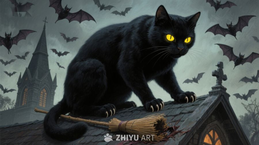 黑猫屋顶守望，蝙蝠夜空飞翔
