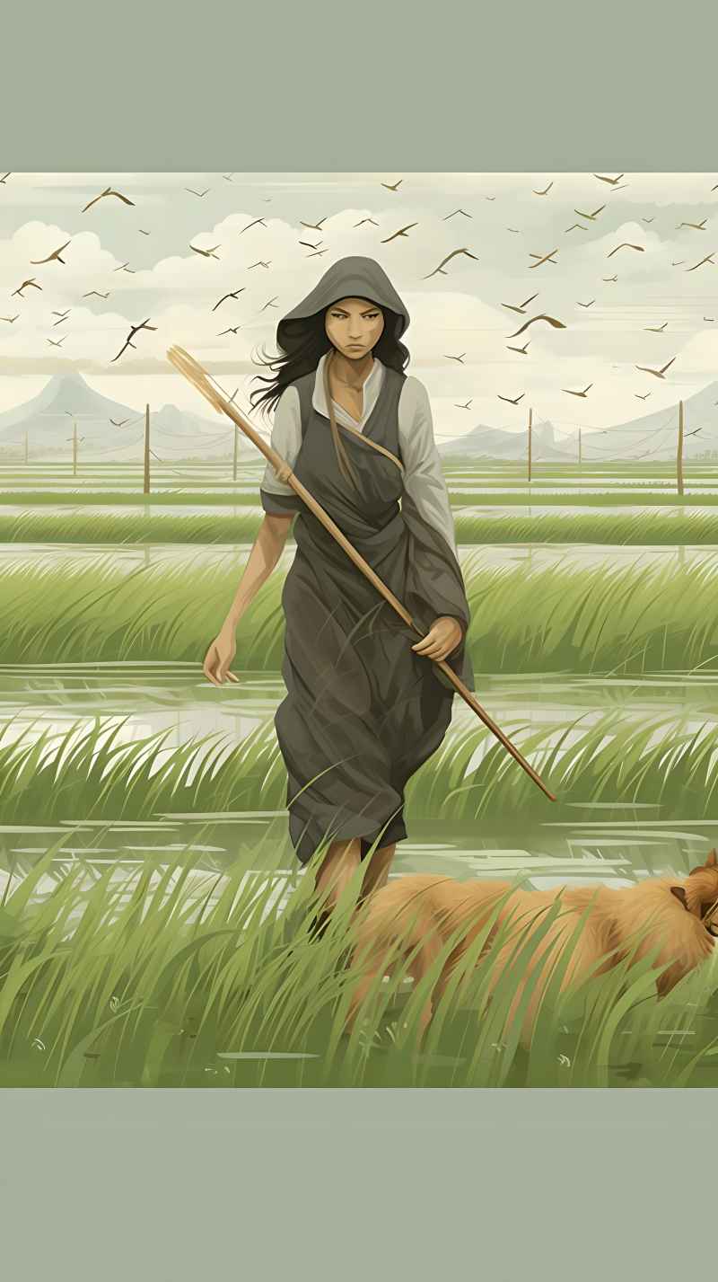 女人站在稻田与狗绿色插画 10