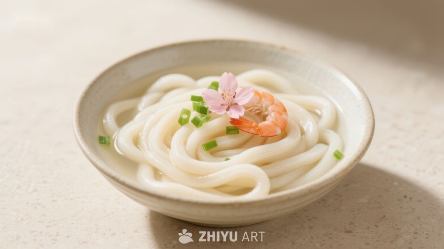 清汤乌冬面配虾仁和樱花