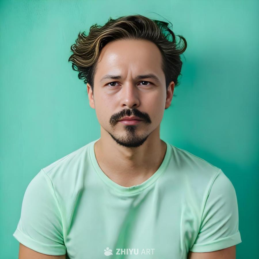 一个男人的半身像，背景是清新的薄荷绿色。该男子穿着