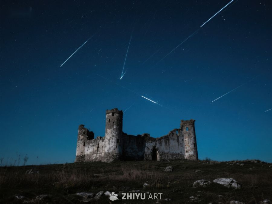 夜空流星划过古老城堡 238
