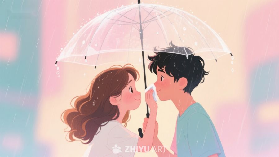 雨中情侣共享伞下温馨时刻 668