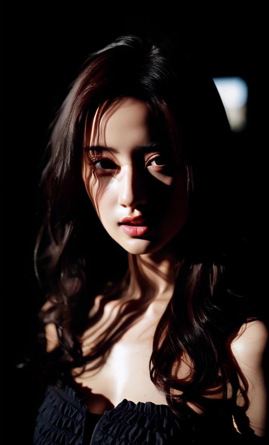 一位长发女性的半身像。光线从上方射入，在她的脸上和