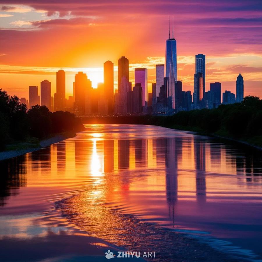 夕阳西下，天空呈现出橙色和紫色的渐变，远处的城市天