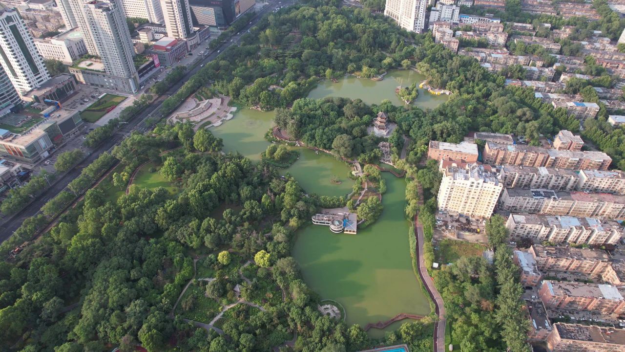 山东淄博人民公园航拍 