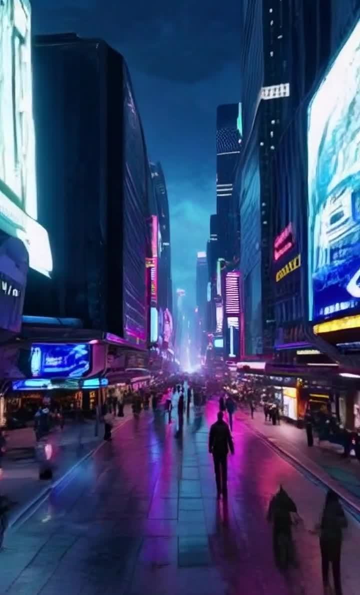 赛博朋克风城市夜景，霓虹灯光下行人穿梭街道。