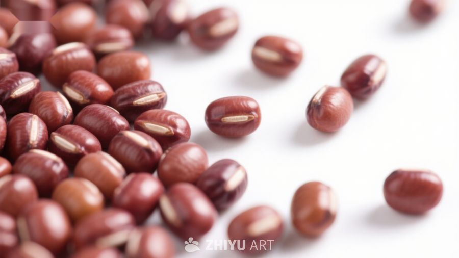 红棕色豆子散落白色背景