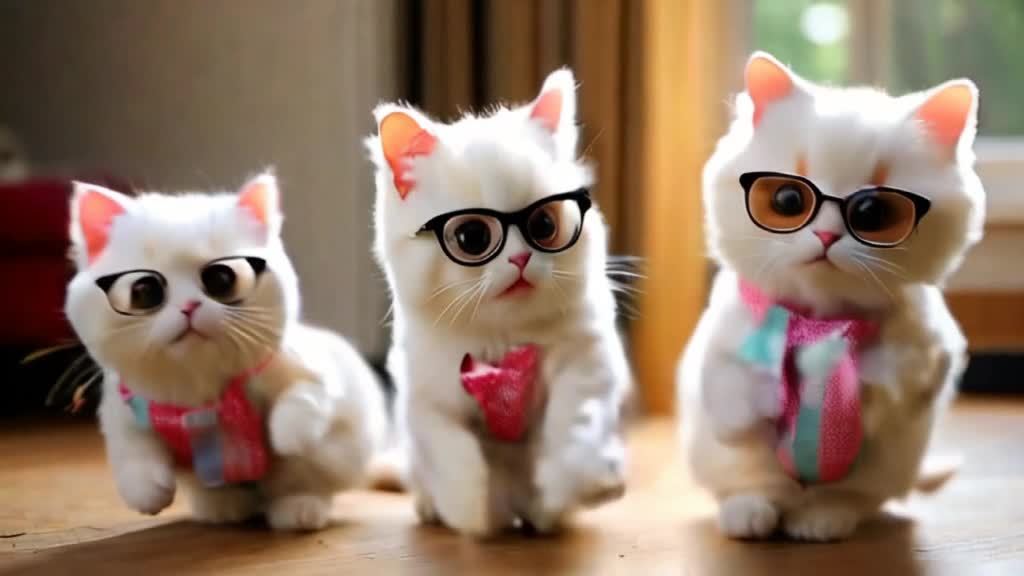 三只白色小猫，都戴着眼镜，穿着衣服，站在木地板上。