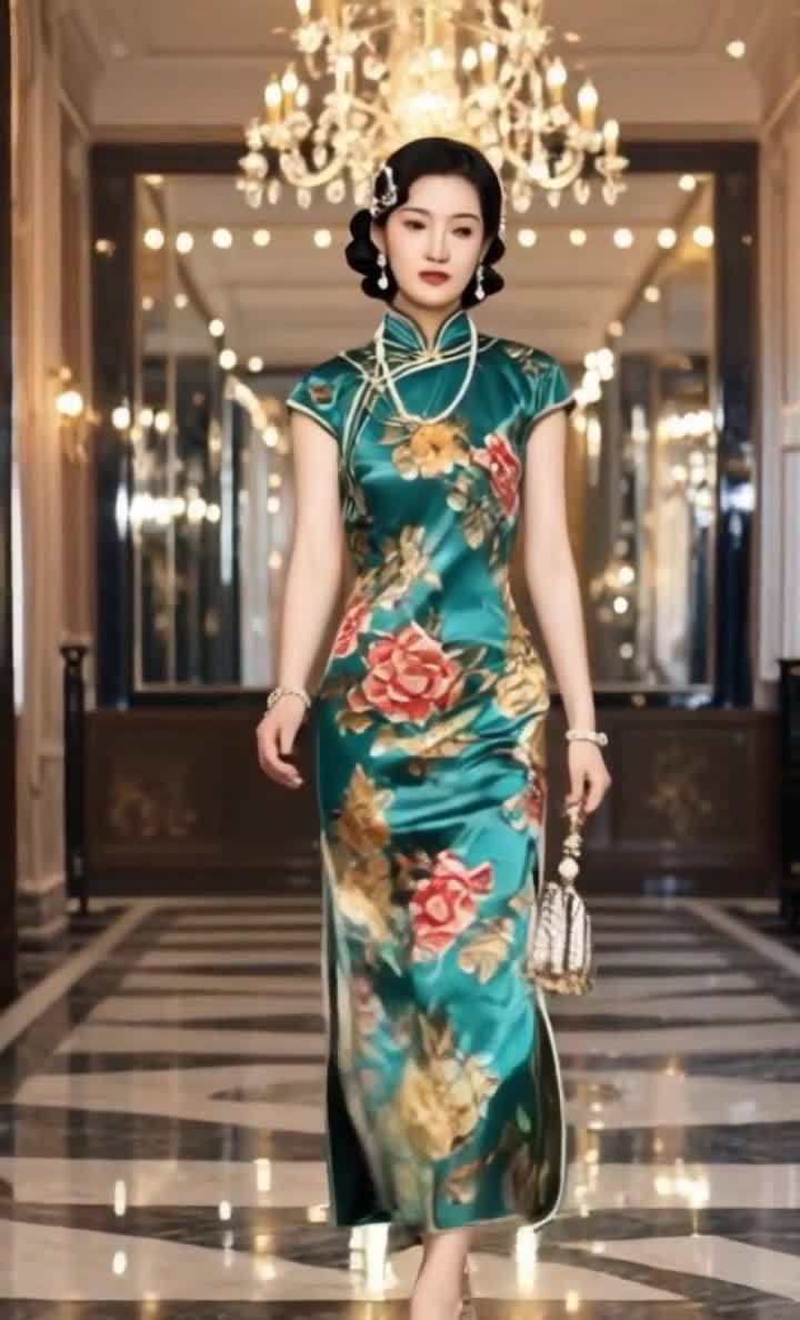 一位身着青绿色绣花旗袍的女子，佩戴珍珠首饰，手握珍