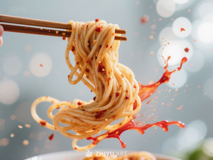 筷子夹起热辣面条，辣椒油飞溅 707