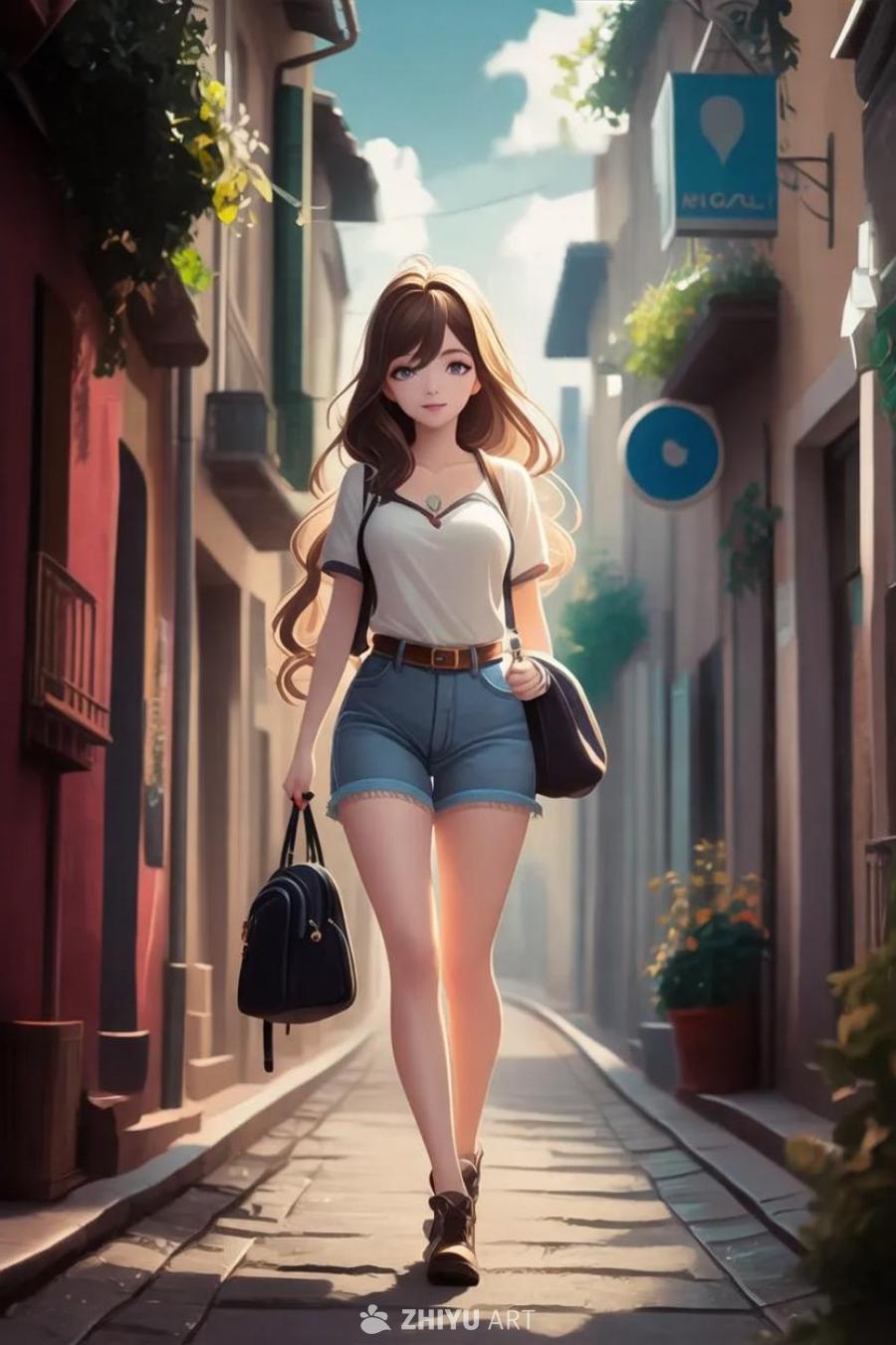 一个动漫风格的女性站在街道的中间，她留着棕色的长发