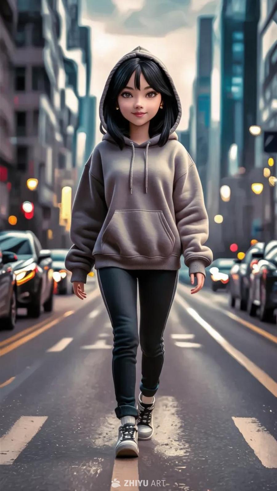 一个3D风格的城市道路上，一位留着中长黑发的少女正
