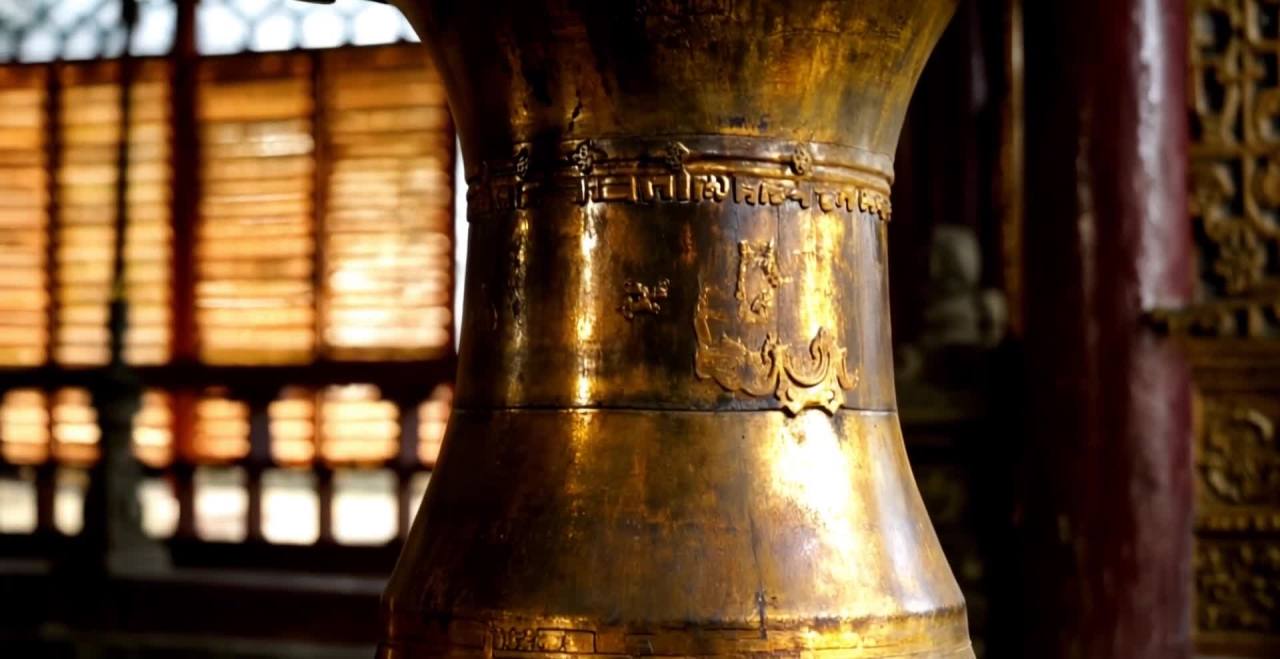中式寺庙：近景拍摄的古代风格铜钟