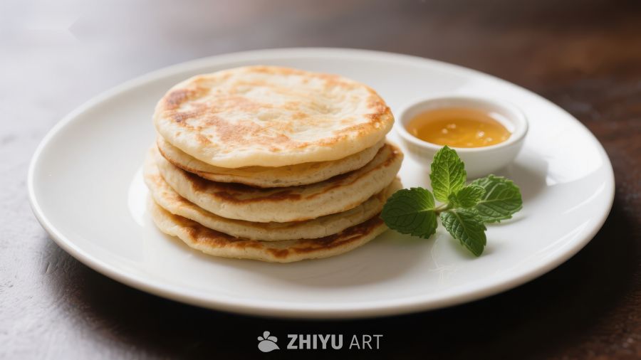 金黄煎饼配蜂蜜，清新薄荷点缀