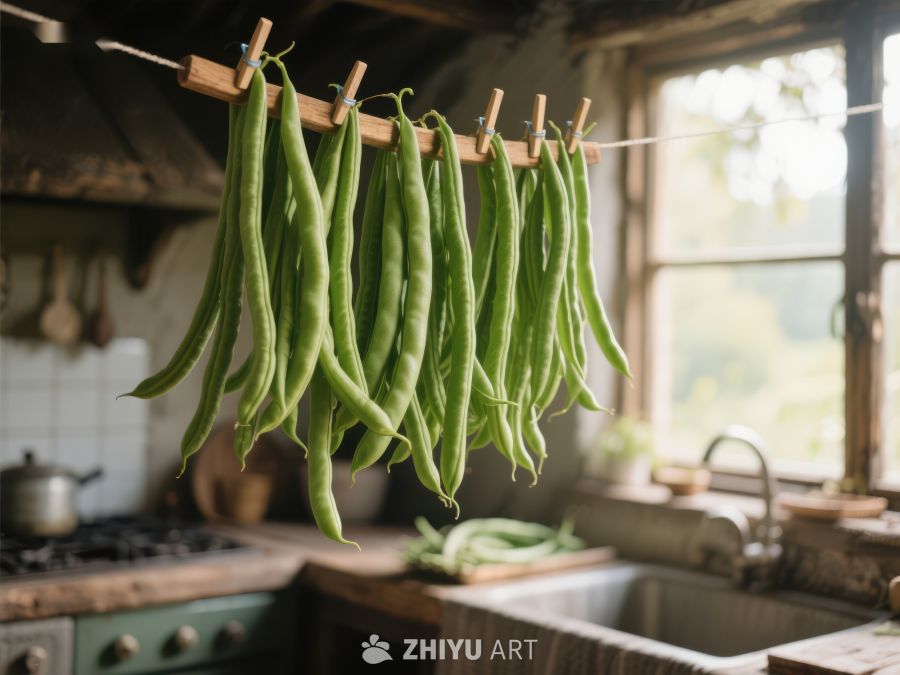 厨房悬挂的绿色豆荚 91