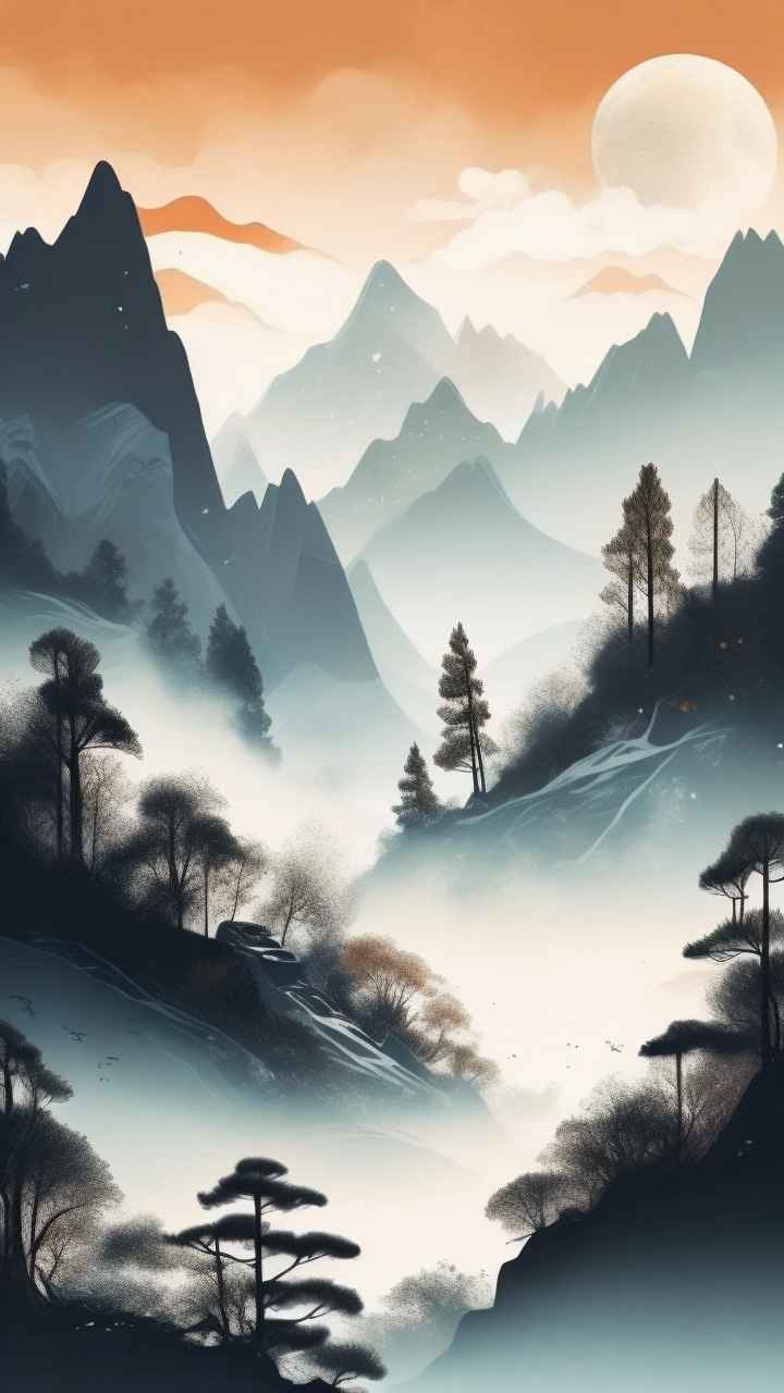 国风水彩画山水风景插画 42