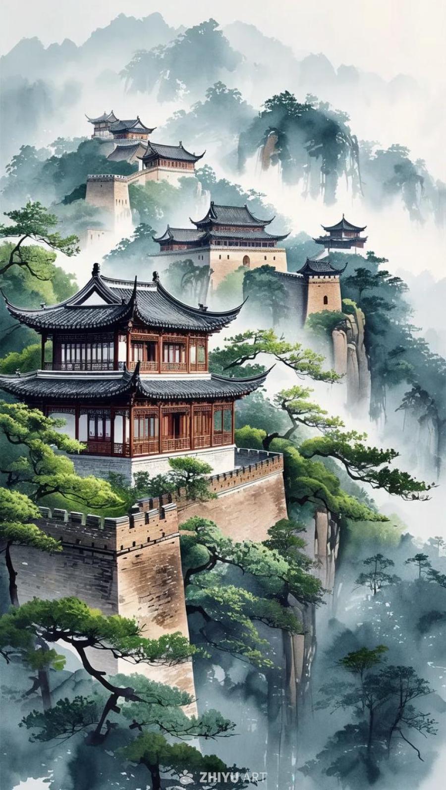 城墙上坐落着明代风格的古楼建筑，周边环绕着错落有致