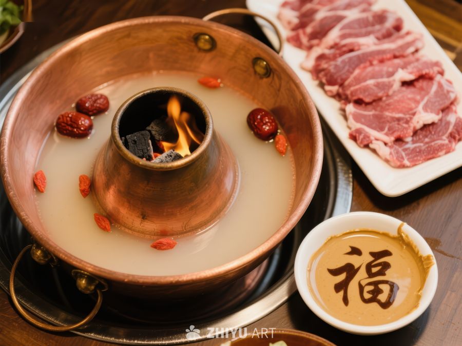 铜锅火锅配肉片，传统美食 721