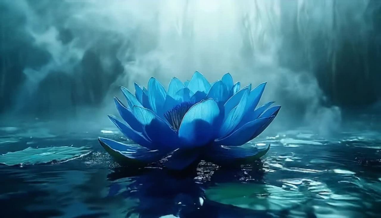 水下环境雾气蒙蒙，一朵巨大的蓝色莲花漂浮在水面上，